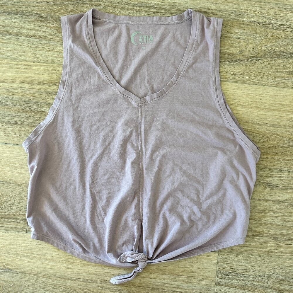 Zyia Active Tie Front Tank Top Dusky Purple Lavender V-Neck Athletic